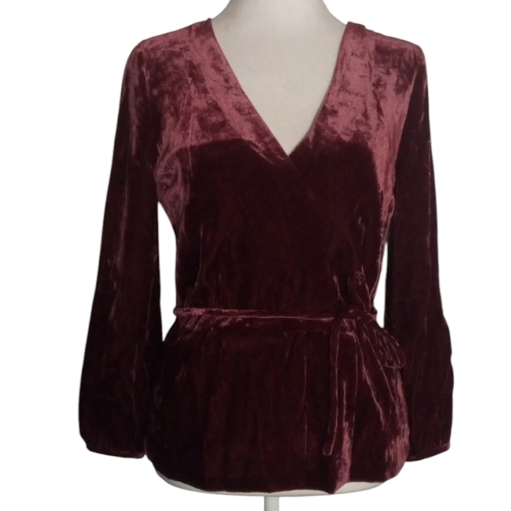 J. Crew Beautiful Burgundy Velvet Faux Wrap Blouse Puff Sleeves Size 0